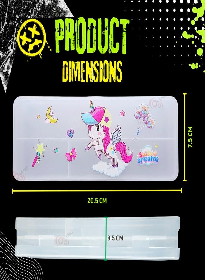 KARBD علبة أقلام رصاص بلاستيكية شفافة مزدوجة الجوانب من كاربد، غطاء صلب، مساحات واسعة وكبيرة وشفافة، تحتوي على بوصلة هندسية، مناسبة للأولاد والبنات والأطفال وطلاب المدارس، بتصميم يونيكورن وقمر (متعدد الألوان). - Image 3
