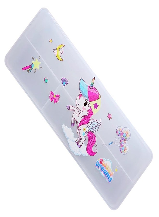 KARBD علبة أقلام رصاص بلاستيكية شفافة مزدوجة الجوانب من كاربد، غطاء صلب، مساحات واسعة وكبيرة وشفافة، تحتوي على بوصلة هندسية، مناسبة للأولاد والبنات والأطفال وطلاب المدارس، بتصميم يونيكورن وقمر (متعدد الألوان). - Image 1