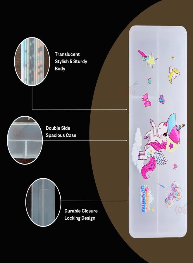 KARBD علبة أقلام رصاص بلاستيكية شفافة مزدوجة الجوانب من كاربد، غطاء صلب، مساحات واسعة وكبيرة وشفافة، تحتوي على بوصلة هندسية، مناسبة للأولاد والبنات والأطفال وطلاب المدارس، بتصميم يونيكورن وقمر (متعدد الألوان). - Image 4