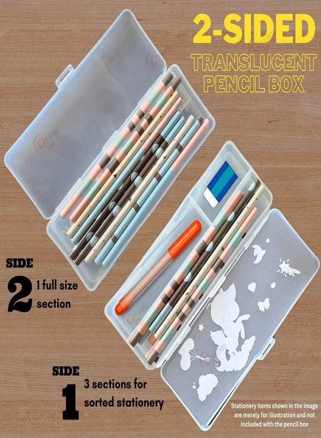 KARBD علبة أقلام رصاص بلاستيكية شفافة مزدوجة الجوانب من كاربد، غطاء صلب، مساحات واسعة وكبيرة وشفافة، تحتوي على بوصلة هندسية، مناسبة للأولاد والبنات والأطفال وطلاب المدارس، بتصميم يونيكورن وقمر (متعدد الألوان). - Image 2