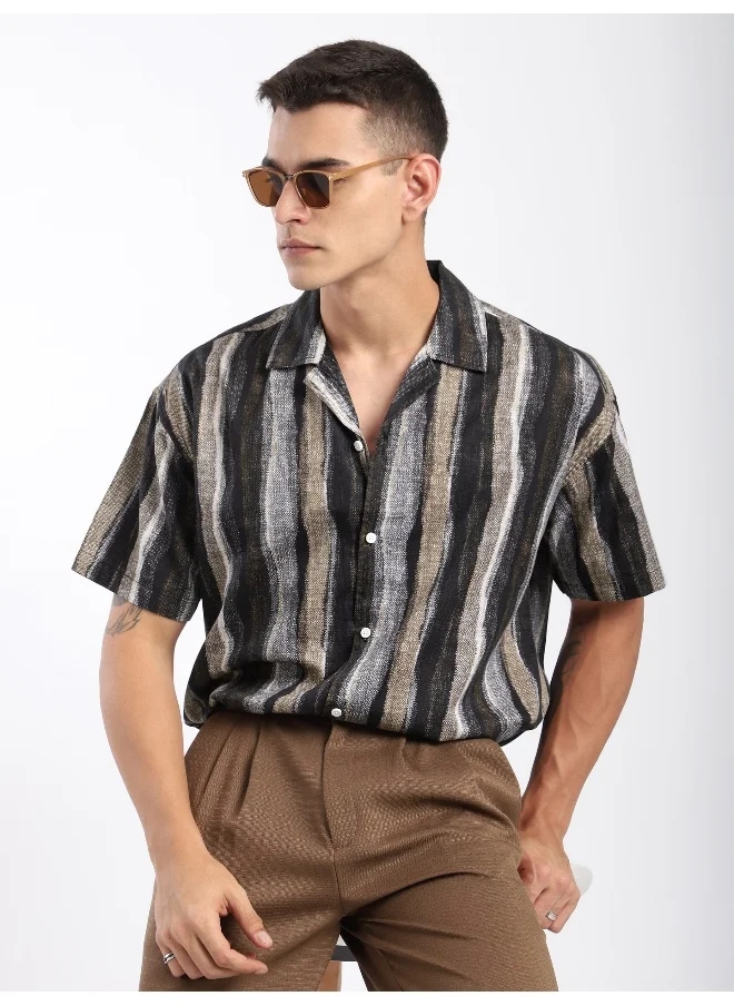 Beyoung Brown and Black Printed Cuban Shirt