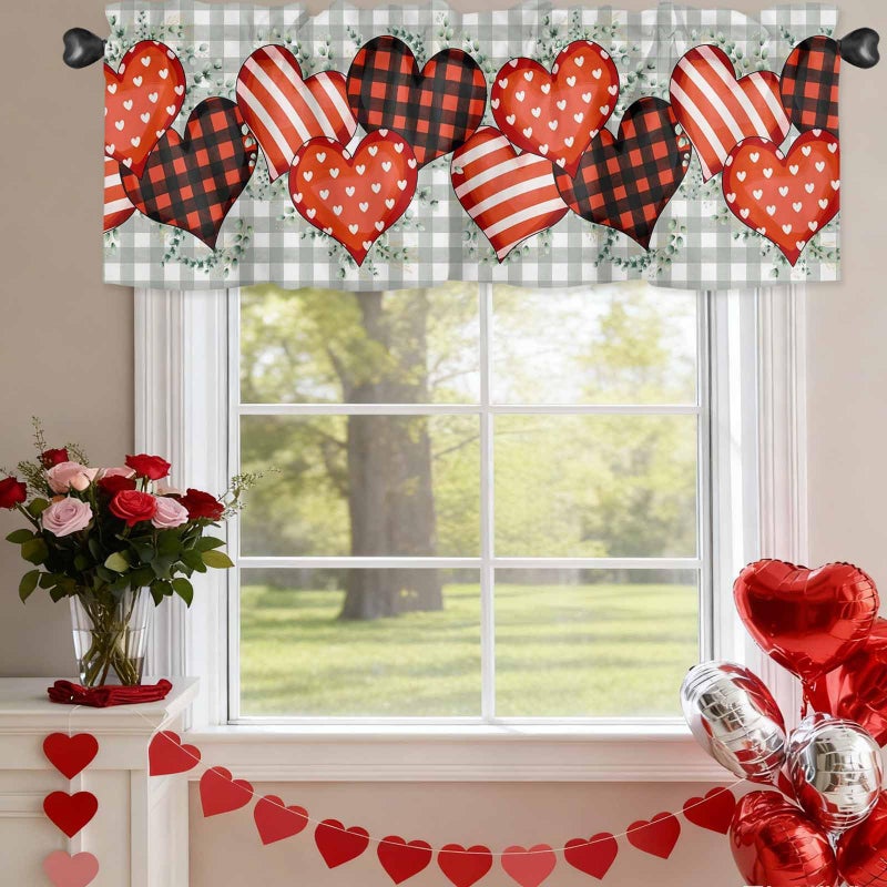 LooPoP Valentines Valance for Windows Love Heart Curtains Valances Green Buffalo Plaid Rod Pocket Valance Window Treatments Eucalyptus Leaves Valentine Short Curtains for Kitchen Living Room Bedroom 54x18 - Image 4