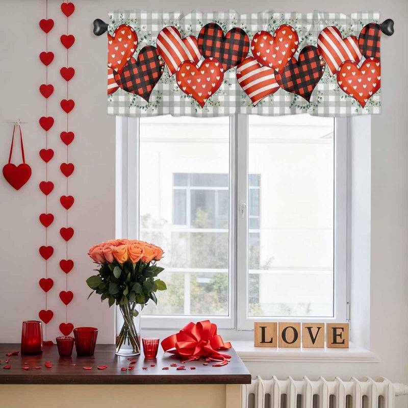 LooPoP Valentines Valance for Windows Love Heart Curtains Valances Green Buffalo Plaid Rod Pocket Valance Window Treatments Eucalyptus Leaves Valentine Short Curtains for Kitchen Living Room Bedroom 54x18 - Image 3