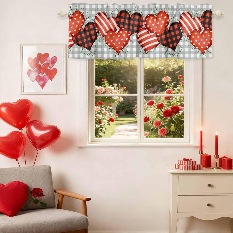 LooPoP Valentines Valance for Windows Love Heart Curtains Valances Green Buffalo Plaid Rod Pocket Valance Window Treatments Eucalyptus Leaves Valentine Short Curtains for Kitchen Living Room Bedroom 54x18 - Image 5