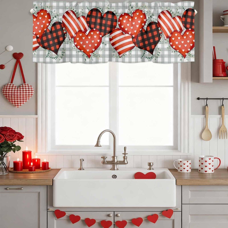 LooPoP Valentines Valance for Windows Love Heart Curtains Valances Green Buffalo Plaid Rod Pocket Valance Window Treatments Eucalyptus Leaves Valentine Short Curtains for Kitchen Living Room Bedroom 54x18 - Image 2