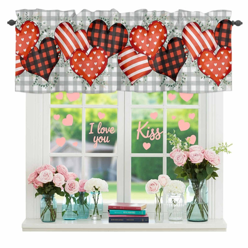 LooPoP Valentines Valance for Windows Love Heart Curtains Valances Green Buffalo Plaid Rod Pocket Valance Window Treatments Eucalyptus Leaves Valentine Short Curtains for Kitchen Living Room Bedroom 54x18 - Image 1