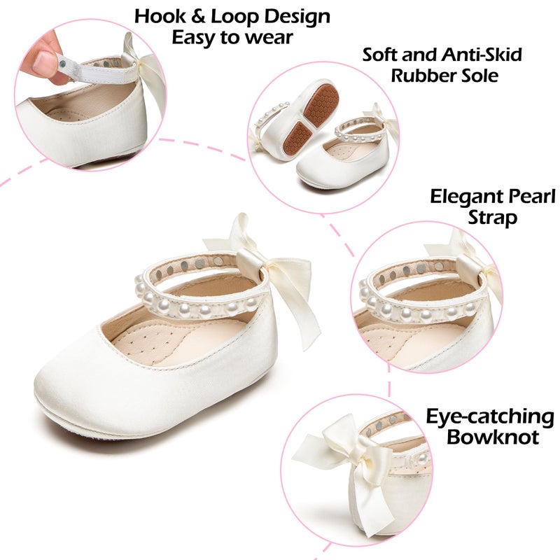 PHIRAMIN Baby Girls Satin Ivory White Mary Jane Flats - Infant 18-24 Months Walking Shoes Soft Rubber Sole Princess Wedding - Image 5