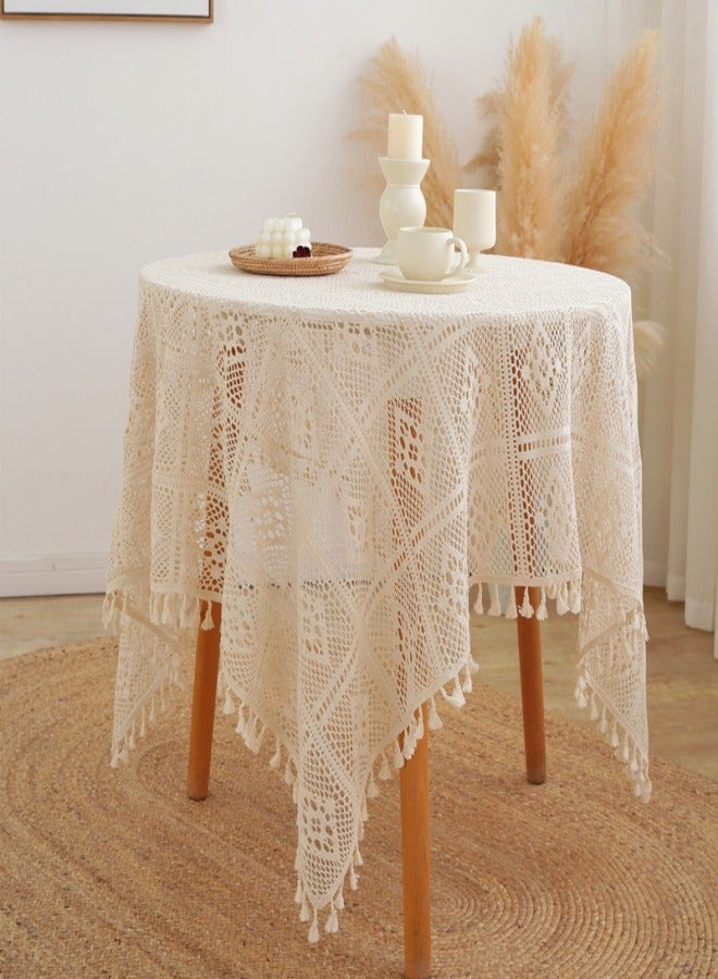 MIXDE Square Round Tablecloth, 140 * 140 cm Premium Tassel Table Cloth, Hollow Lace Decorative Table Cover, for Kitchen, Dining Room, Picnic, Bistro, Indoor and Outdoor  - Image 5
