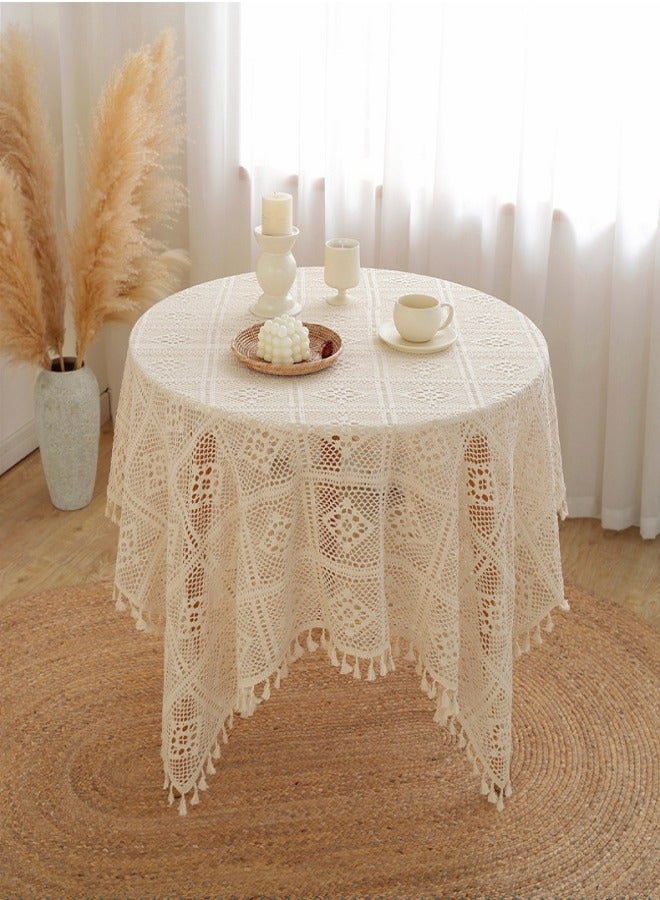 MIXDE Square Round Tablecloth, 140 * 140 cm Premium Tassel Table Cloth, Hollow Lace Decorative Table Cover, for Kitchen, Dining Room, Picnic, Bistro, Indoor and Outdoor  - Image 1