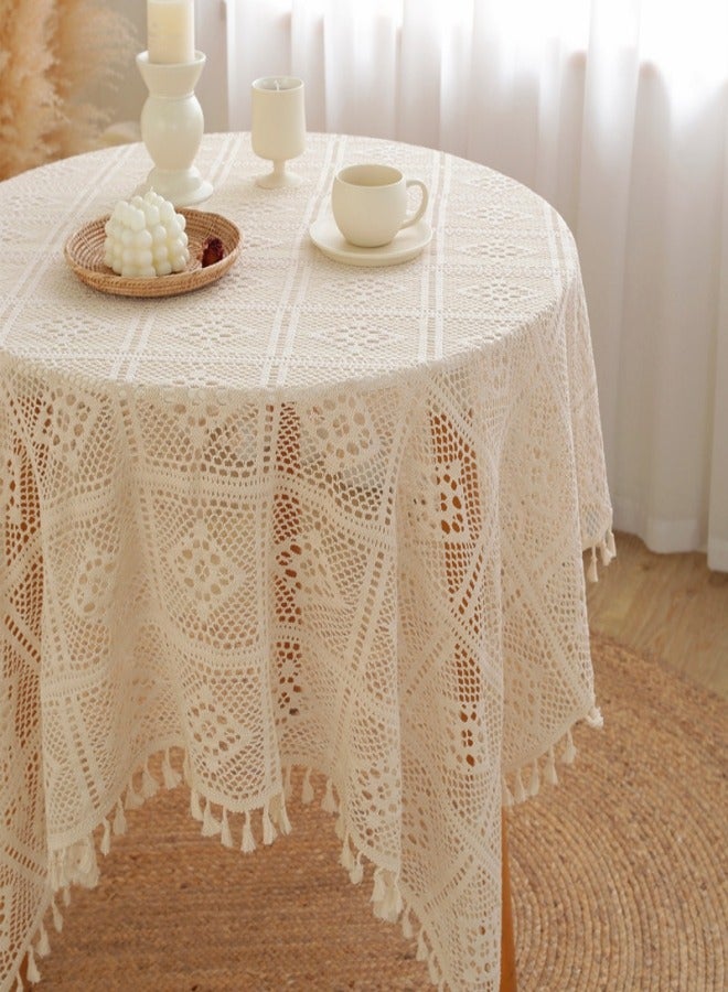 MIXDE Square Round Tablecloth, 140 * 140 cm Premium Tassel Table Cloth, Hollow Lace Decorative Table Cover, for Kitchen, Dining Room, Picnic, Bistro, Indoor and Outdoor  - Image 2