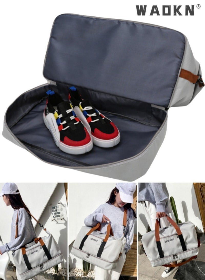 WAOKN Unisex Dry and Wet Separate Gym Sacks, Large Capacity Casual Fitness Bag Luggage Bag Travel Bag for Men and Women, Portable Independent Shoe Compartment Yoga Bag Duffle Bag（Grey）  - Image 4