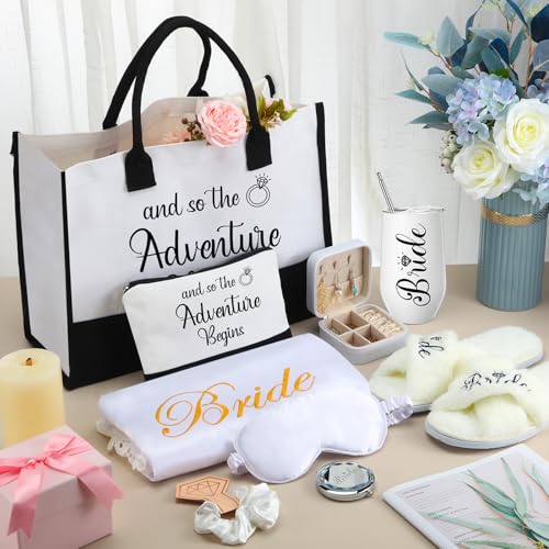 JaGely 9 Pcs Bride Gifts Set Bride Shower Bachelorette Gifts with Wine Tumbler Robe Bag Eyemask Scrunchie Jewelry Box (White,and So the Adventure Begins) - Image 5
