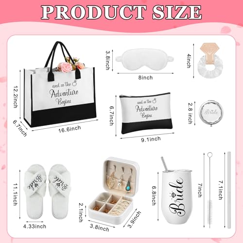 JaGely 9 Pcs Bride Gifts Set Bride Shower Bachelorette Gifts with Wine Tumbler Robe Bag Eyemask Scrunchie Jewelry Box (White,and So the Adventure Begins) - Image 3