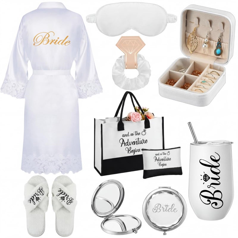 JaGely 9 Pcs Bride Gifts Set Bride Shower Bachelorette Gifts with Wine Tumbler Robe Bag Eyemask Scrunchie Jewelry Box (White,and So the Adventure Begins) - Image 2