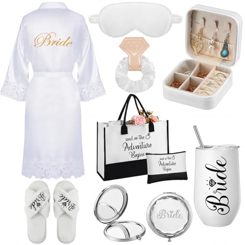 JaGely 9 Pcs Bride Gifts Set Bride Shower Bachelorette Gifts with Wine Tumbler Robe Bag Eyemask Scrunchie Jewelry Box (White,and So the Adventure Begins) - Image 1