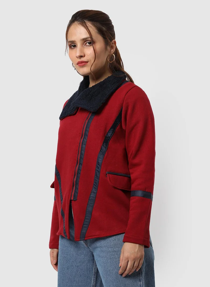 Campus Sutra Women's Sangria Red Asymmetrical Panel-Knit Jacket