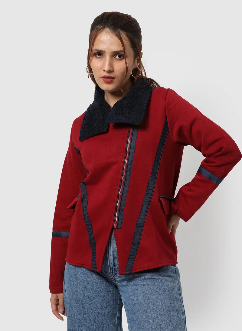 Campus Sutra Women's Sangria Red Asymmetrical Panel-Knit Jacket