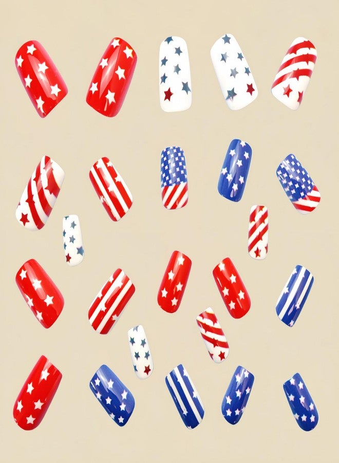 ASABITE 24Pcs 4th of July Press on Nails Medium Fake Nails Red White Blue Nails Patriotic False Nails with Star and Stripes Design Artificial Acrylic Nails Press ons Summer Independence Day Nails for Women - Image 2