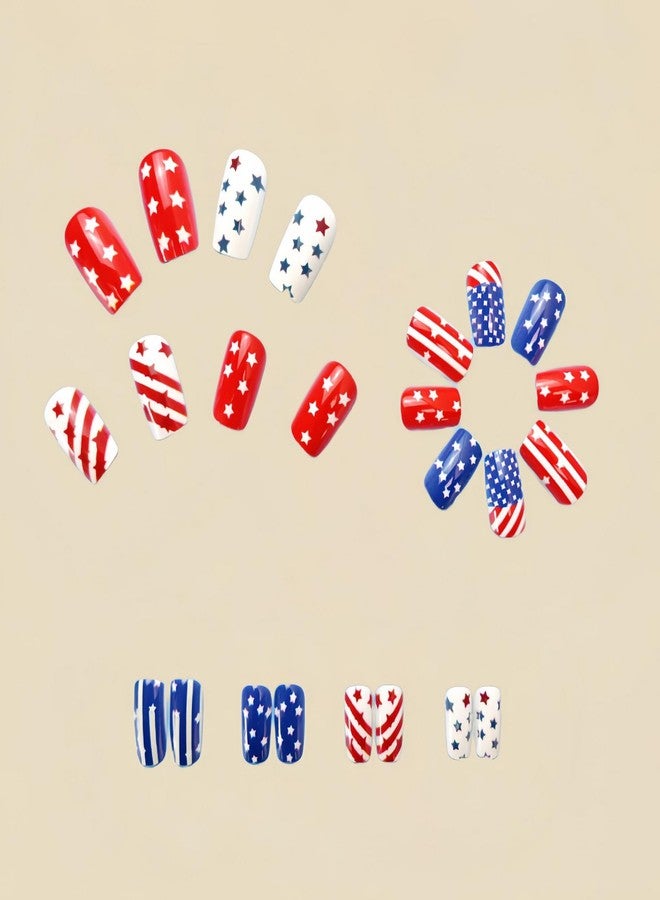 ASABITE 24Pcs 4th of July Press on Nails Medium Fake Nails Red White Blue Nails Patriotic False Nails with Star and Stripes Design Artificial Acrylic Nails Press ons Summer Independence Day Nails for Women - Image 3