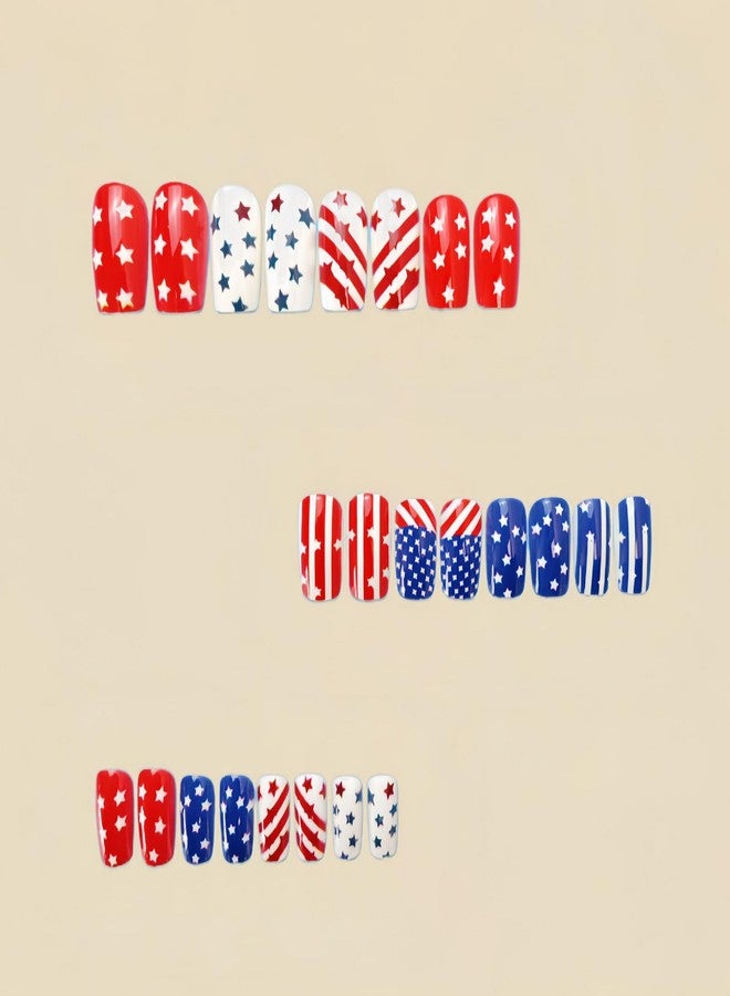 ASABITE 24Pcs 4th of July Press on Nails Medium Fake Nails Red White Blue Nails Patriotic False Nails with Star and Stripes Design Artificial Acrylic Nails Press ons Summer Independence Day Nails for Women - Image 4