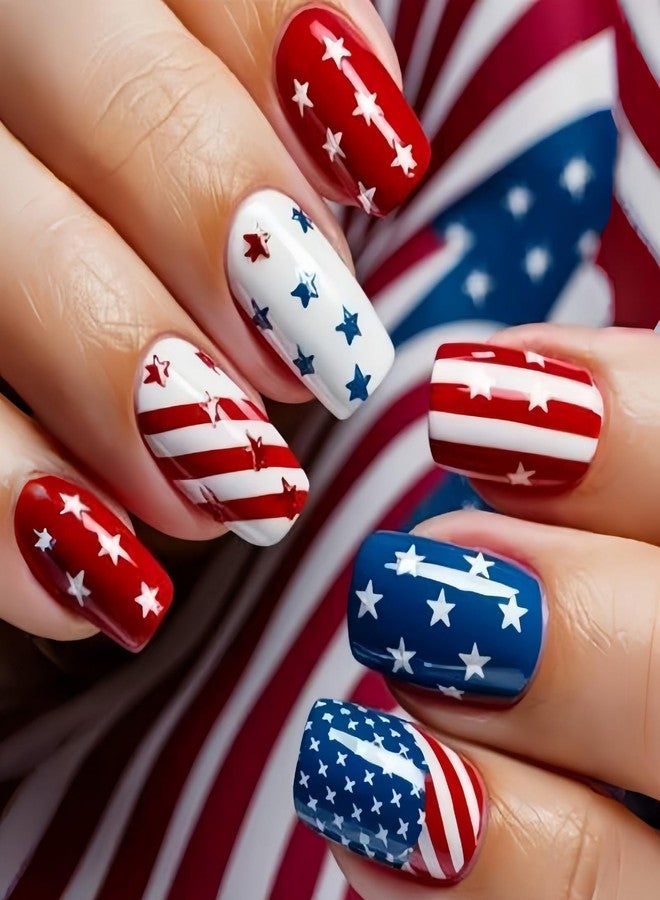 ASABITE 24Pcs 4th of July Press on Nails Medium Fake Nails Red White Blue Nails Patriotic False Nails with Star and Stripes Design Artificial Acrylic Nails Press ons Summer Independence Day Nails for Women - Image 1