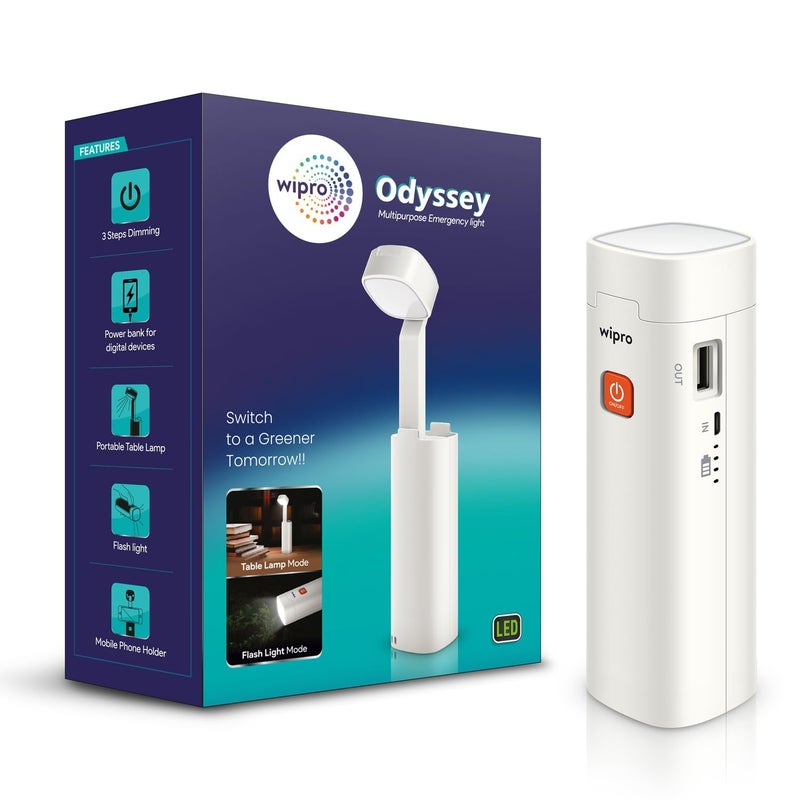 Wipro Odyssey Multifunctional Rechargeable LED Emergency Light Dual ModeTorch Table Lamp Portable Light 3Step Dimming 3000 Mah LiIon Battery inBuilt Power Bank White Pack of 1 - Image 1