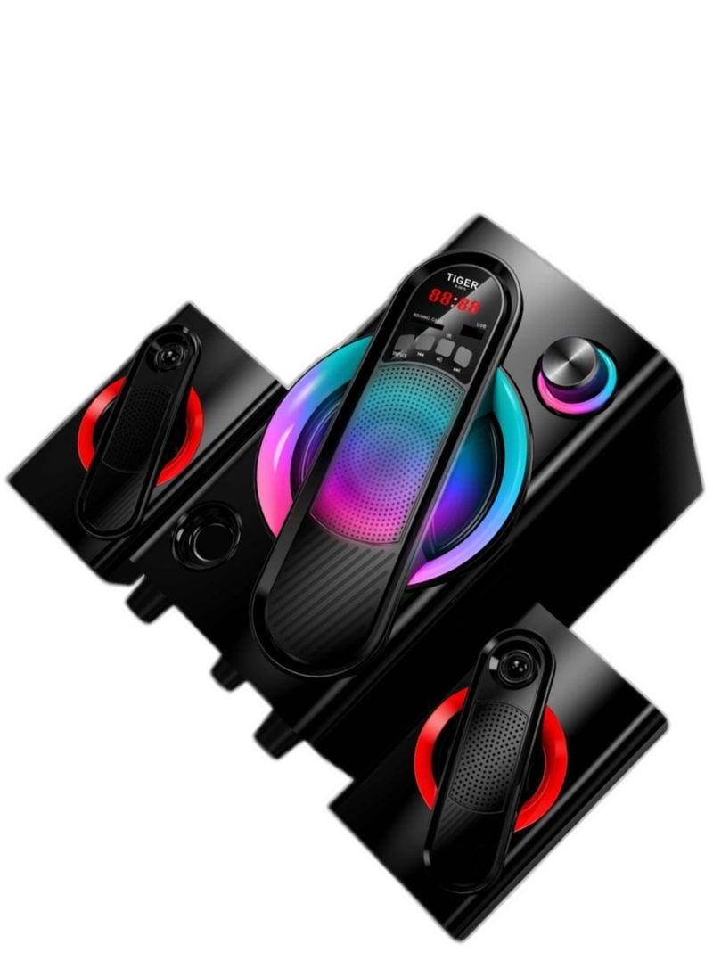 TIGER-R-5010-سماعة 2*1-صوت رائع-إضاءة رائعة-تحكم عن بعد-يدعم اتصال بلوتوث-TF-USB-AUX-يدعم التشغيل على جميع الأجهزة الإلكترونية-تصميم أنيق بأعلى جودة
