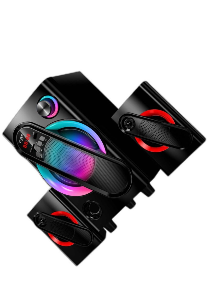 TIGER-R-5010-سماعة 2*1-صوت رائع-إضاءة رائعة-تحكم عن بعد-يدعم اتصال بلوتوث-TF-USB-AUX-يدعم التشغيل على جميع الأجهزة الإلكترونية-تصميم أنيق بأعلى جودة