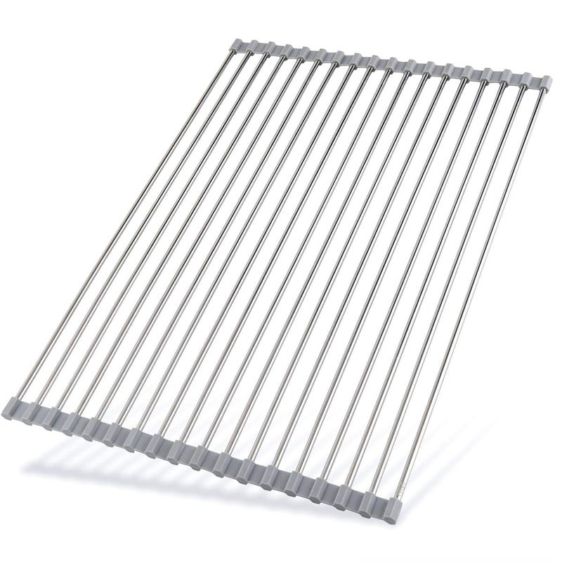 Hhyn Roll Up Dish Drying Rack 205L x 138W  Stainless Steel and Silicone Dish Drying Mat Over The Sink Foldable Drain Rack Multipurpose Dish Drainer Extra Large Gray