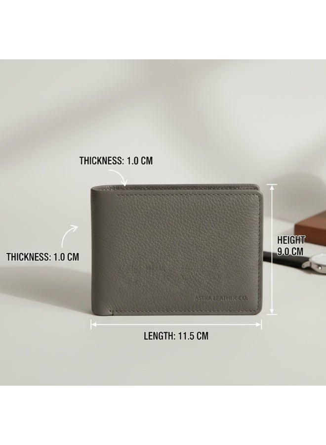 Grey Genuine Pebbled Leather Bifold Wallet for Men with Flip-Up ID Window & Multiple Card Slots - Slim, Modern Design - Image 4