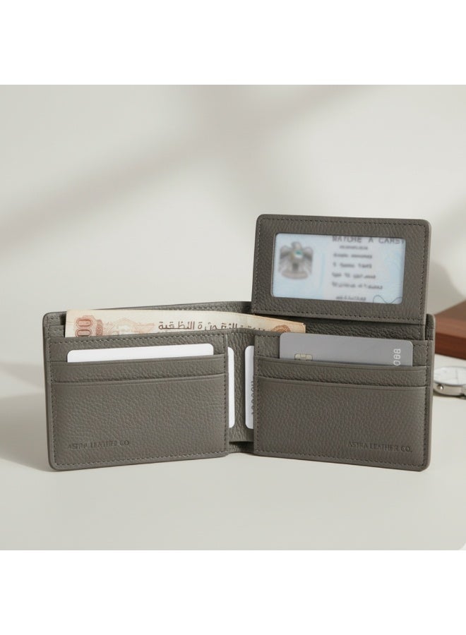 Grey Genuine Pebbled Leather Bifold Wallet for Men with Flip-Up ID Window & Multiple Card Slots - Slim, Modern Design - Image 3