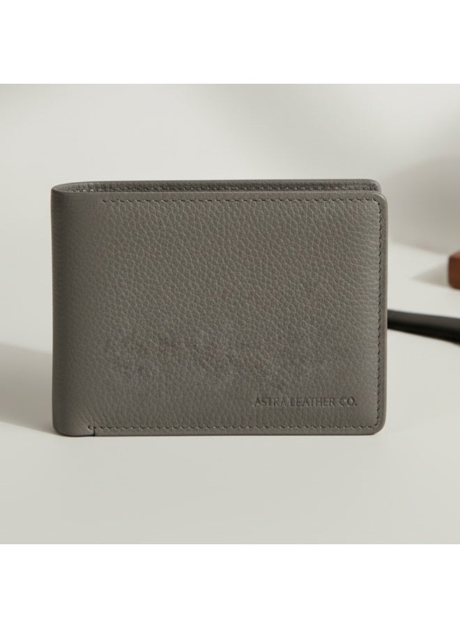 Grey Genuine Pebbled Leather Bifold Wallet for Men with Flip-Up ID Window & Multiple Card Slots - Slim, Modern Design - Image 2