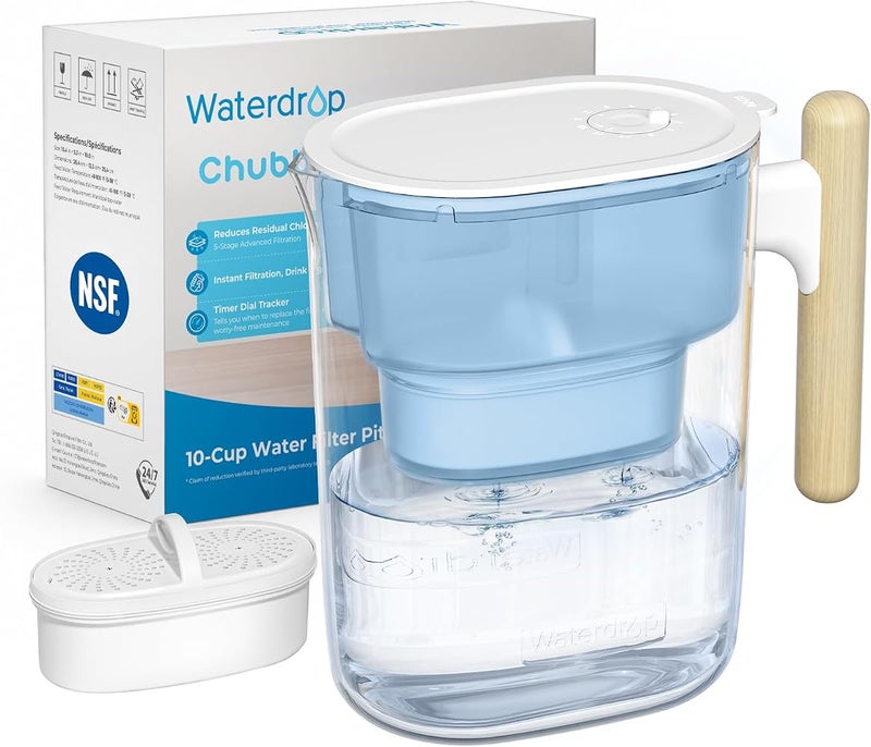 Waterdrop سمين 10-كوب مرشح المياه إبريق مع 1 مرشح، طويلة الأمد (200 جالون)، 5X مرشح مدى الحياة إبريق، يقلل من الرصاص، الفلورايد، الكلور وأكثر من ذلك، BPA خالية، أزرق