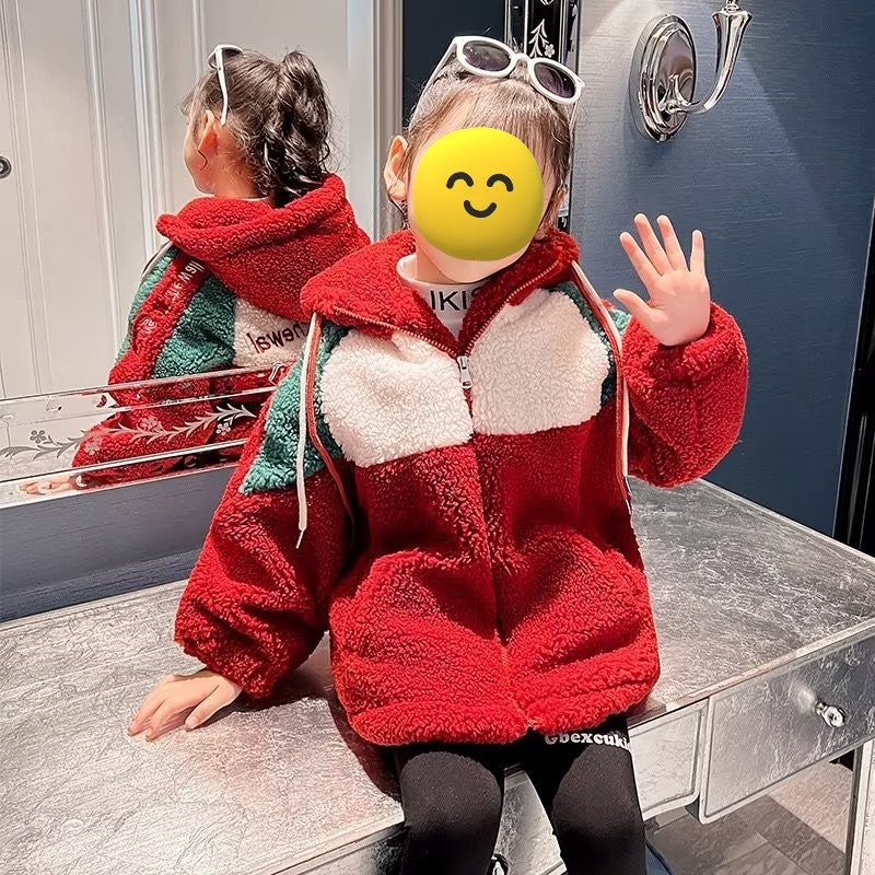 2024 Girls Spring Lamb Wool Warm Plush Coat Red 