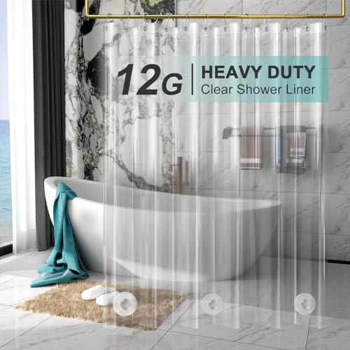 AmazerBath Heavy Duty Shower Curtain Liner 12 Gauge, 72 x 72 Inches Clear Shower Curtain Liner with 3 Clear Stones and 12 Grommet Holes, Weighted Plastic Shower Liner - Image 1