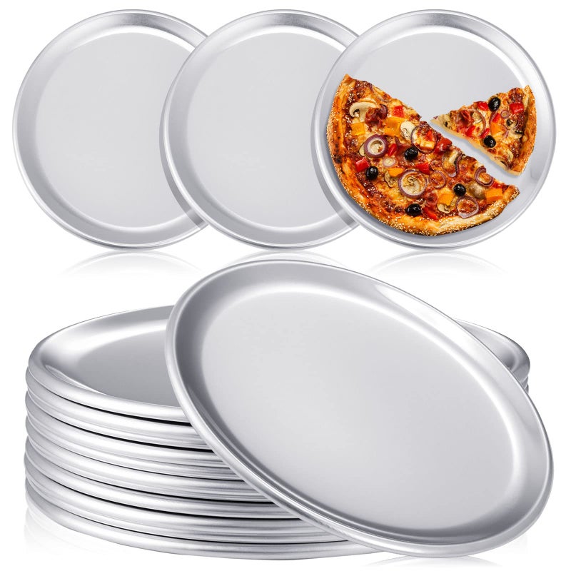 Rtteri 12 Pieces Pizza Pan Bulk Restaurant Aluminum Pizza Pan Set Round Pizza Pie Cake Plate Rust Free Pizza Pie Cake Tray For Oven Baking Home Kitchen Restaurant Easy Clean (8 Inch) - Image 1