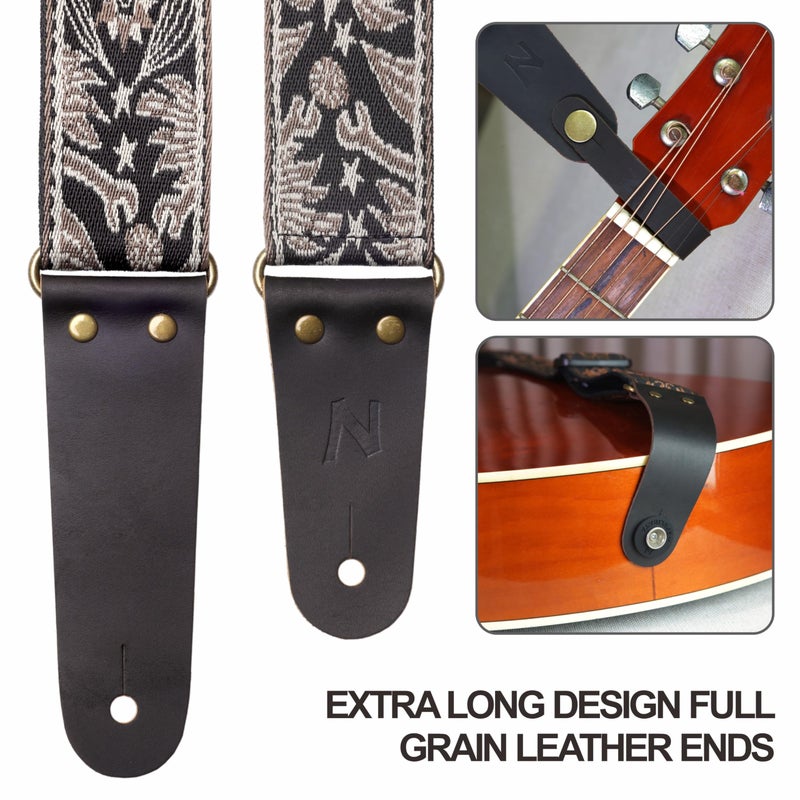 Nefelibata Guitar Strap, 2" Embroidery Full Grain Leather Ends Guitar Straps with Hidden Pocket, for Bass, Electric and Acoustic Guitars, Strap Button, Strap Locks and Guitar Picks - Image 2