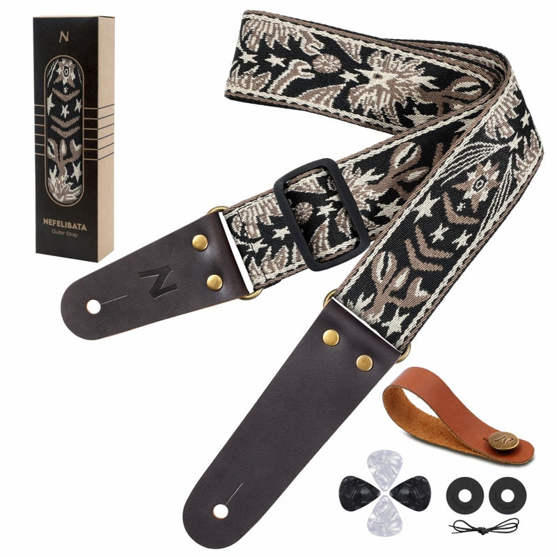 Nefelibata Guitar Strap, 2" Embroidery Full Grain Leather Ends Guitar Straps with Hidden Pocket, for Bass, Electric and Acoustic Guitars, Strap Button, Strap Locks and Guitar Picks - Image 1