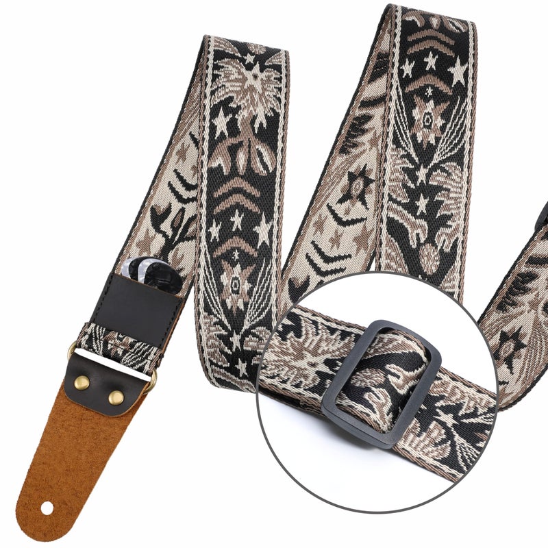 Nefelibata Guitar Strap, 2" Embroidery Full Grain Leather Ends Guitar Straps with Hidden Pocket, for Bass, Electric and Acoustic Guitars, Strap Button, Strap Locks and Guitar Picks - Image 5