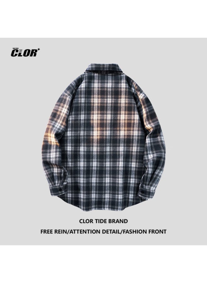 Clor Men's Grid Long Sleeve Shirt Spring And Autumn Fashion Loose Casual Shirt Jacket Clcx04 Yellow XL - Image 4