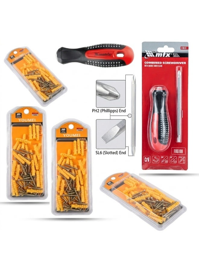4 x DIY Home Repair Combo Pack: 3x Youmei 8x40mm Expansion Screw Sets (Wall Plugs) + 1x MTX Double-Ended Combined Screwdriver (PH2 & SL6) - Image 1