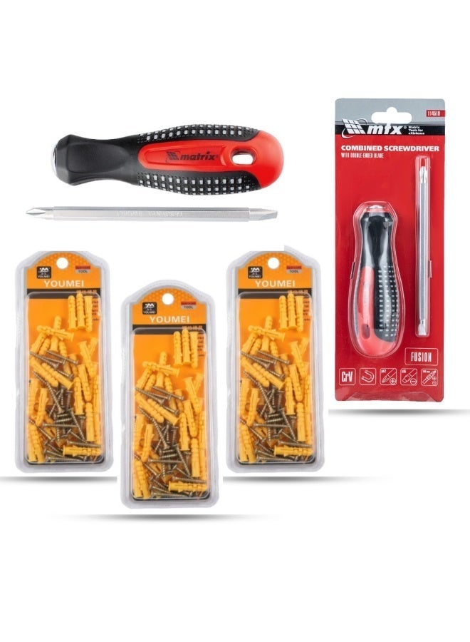 4 x DIY Home Repair Combo Pack: 3x Youmei 8x40mm Expansion Screw Sets (Wall Plugs) + 1x MTX Double-Ended Combined Screwdriver (PH2 & SL6) - Image 2