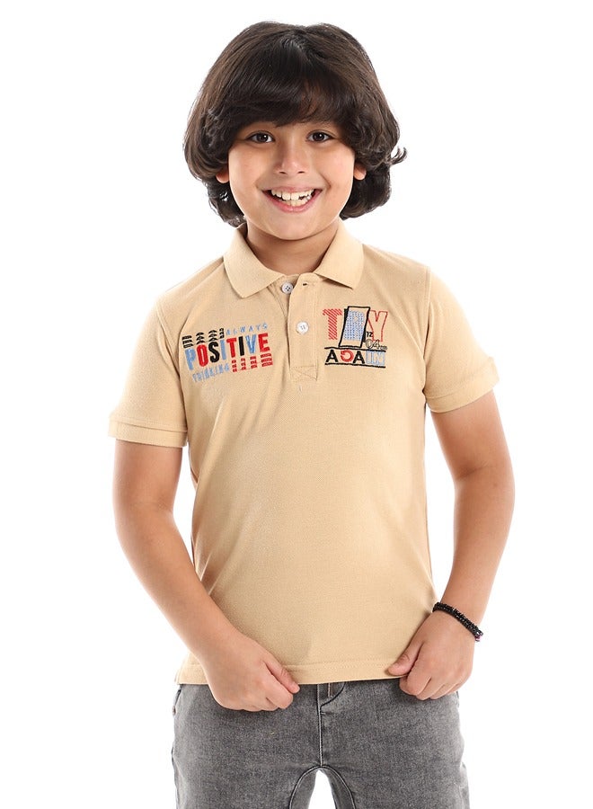 Andora Beige, Red, Black & Baby Blue Stitched "Try Again" Polo Shirt  - Image 1