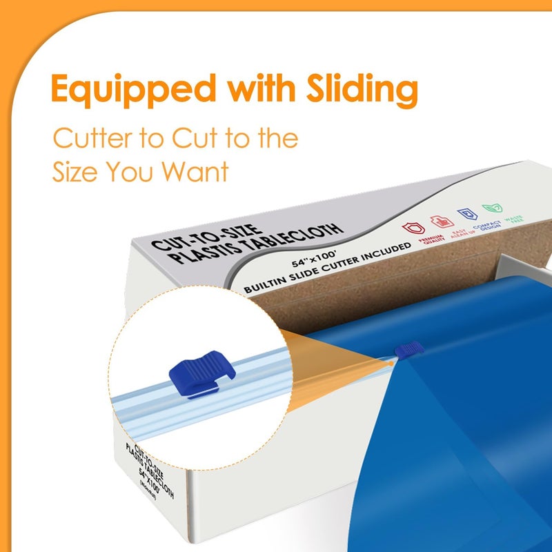 tujol Blue Disposable Plastic Table Cloth Roll 54" X 100', Plastic Table Cover with Cutter Box, Cut to Size Disposable Tablecloth for Parties - Image 3