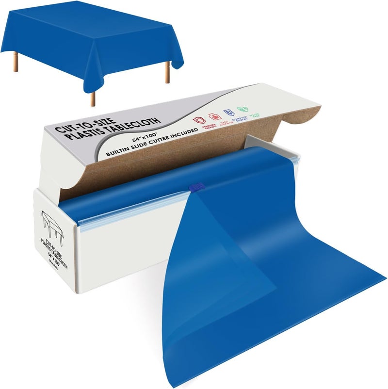 tujol Blue Disposable Plastic Table Cloth Roll 54" X 100', Plastic Table Cover with Cutter Box, Cut to Size Disposable Tablecloth for Parties - Image 1
