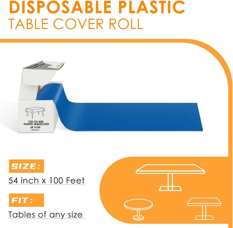 tujol Blue Disposable Plastic Table Cloth Roll 54" X 100', Plastic Table Cover with Cutter Box, Cut to Size Disposable Tablecloth for Parties - Image 2