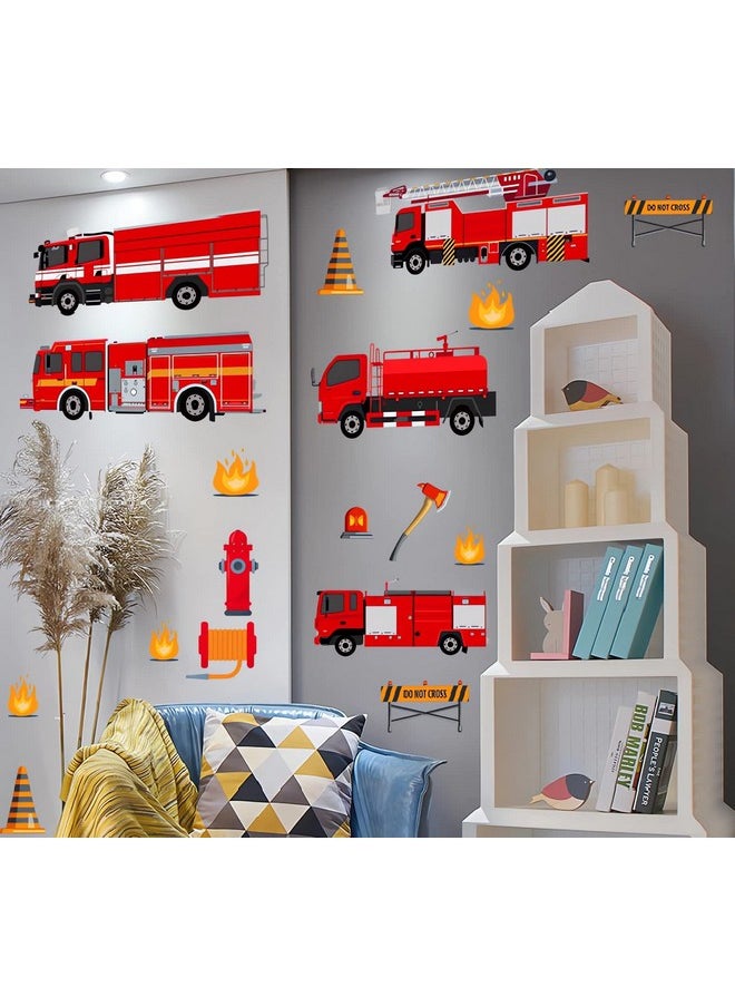 Decalsweet - Red Fire Trucks Wall Decals Transportation Vehicle Wall Stickers For Boys Bedroom Kids Room Playroom Decor - Image 1