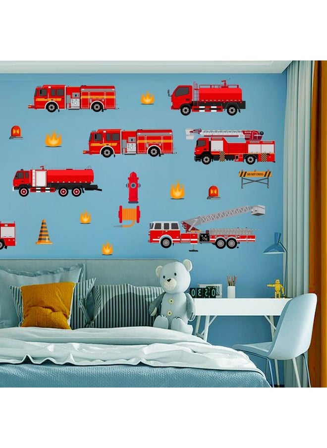 Decalsweet - Red Fire Trucks Wall Decals Transportation Vehicle Wall Stickers For Boys Bedroom Kids Room Playroom Decor - Image 1