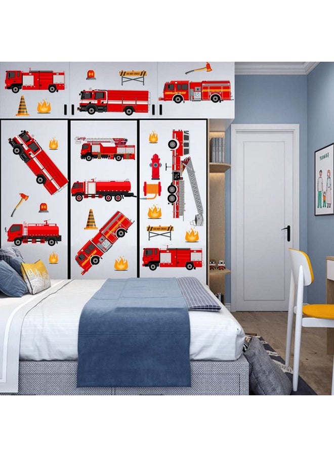 Decalsweet - Red Fire Trucks Wall Decals Transportation Vehicle Wall Stickers For Boys Bedroom Kids Room Playroom Decor - Image 1