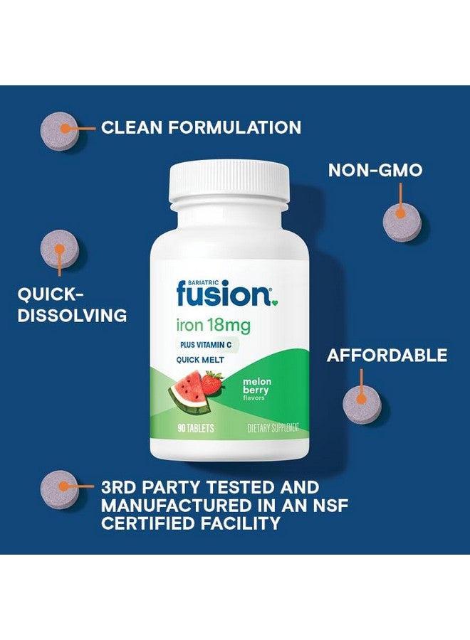 Bariatric Fusion Iron Supplement for Women Quick Melt | Sugar Free Dissolvable Chewable Iron Tablets | Ferrous Fumarate 18 mg Iron with Vitamin C | Melon Berry | Gluten, Dairy and Soy Free | 90 Count - Image 3